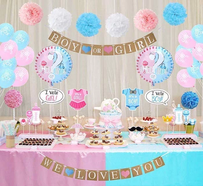 boy or girl, dessert table, gender reveal themes, balloons and banners, we love you garland