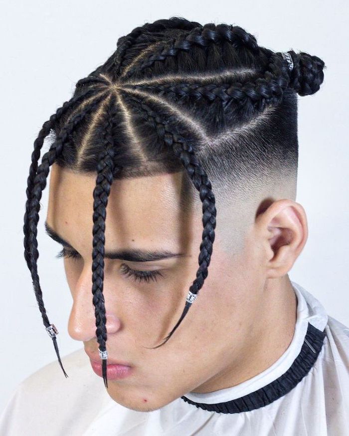 man with black hair, braided hairstyles, silver beads, triangle braids, white t shirt
