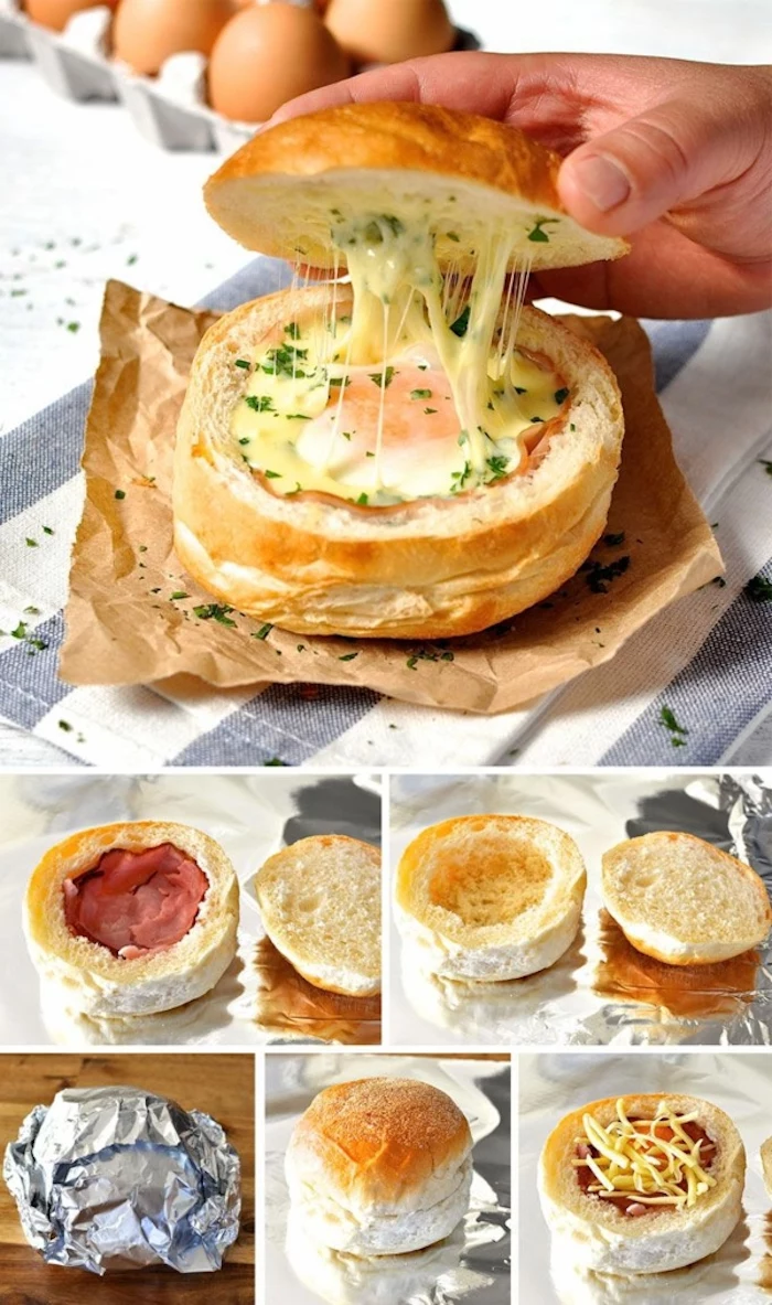 bread filled with and egg, bacon and cheese, chives for garnish, step by step, diy tutorial, good breakfast ideas