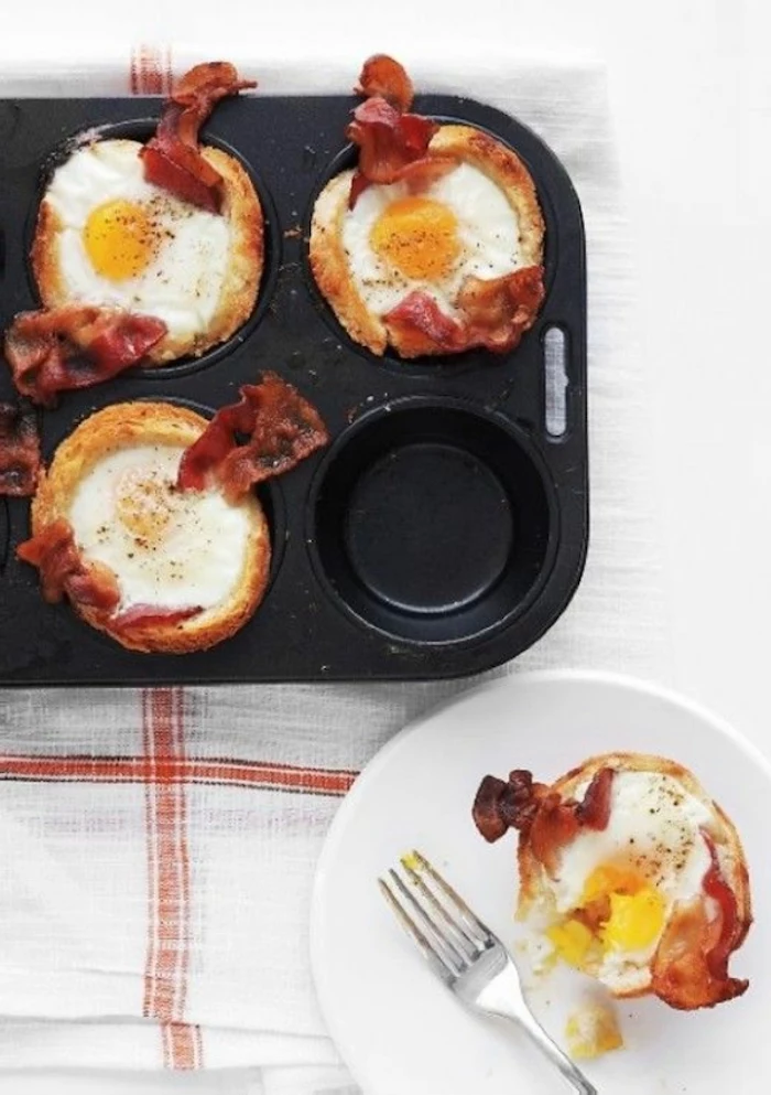 egg muffins, with bacon, best breakfast recipes, black muffin tray, white plate