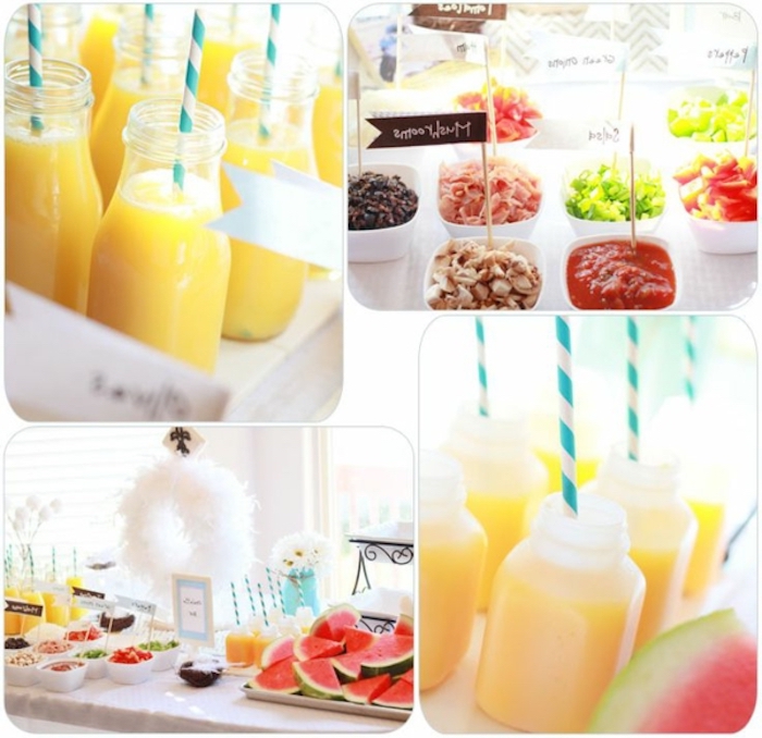 photo collage, breakfast meals, orange juice, white bowls, with different garnish