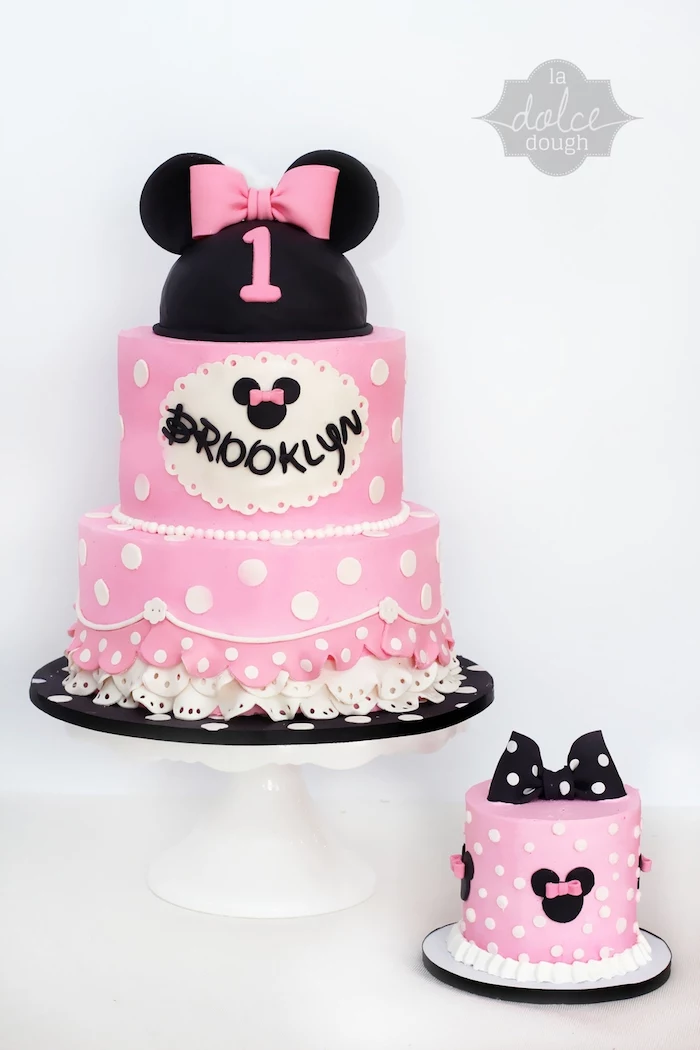 three tier cake, pink fondant, smash cake, minnie mouse 1st birthday cake, white cake stand