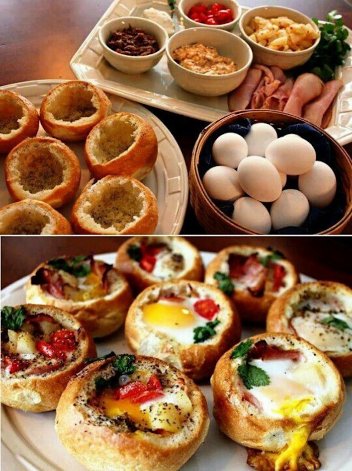 bread with eggs, chopped vegetables, white bowls, with different garnish, breakfast meals