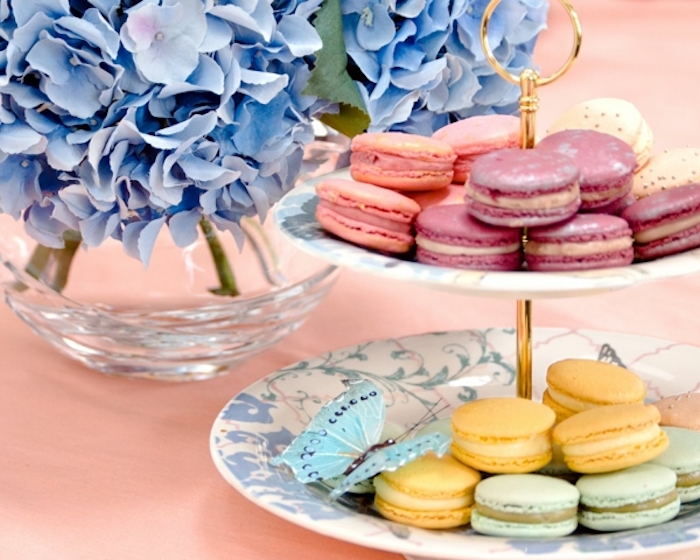 colorful macarons, on two white plates, brunch food ideas, blue hyacinth flowers