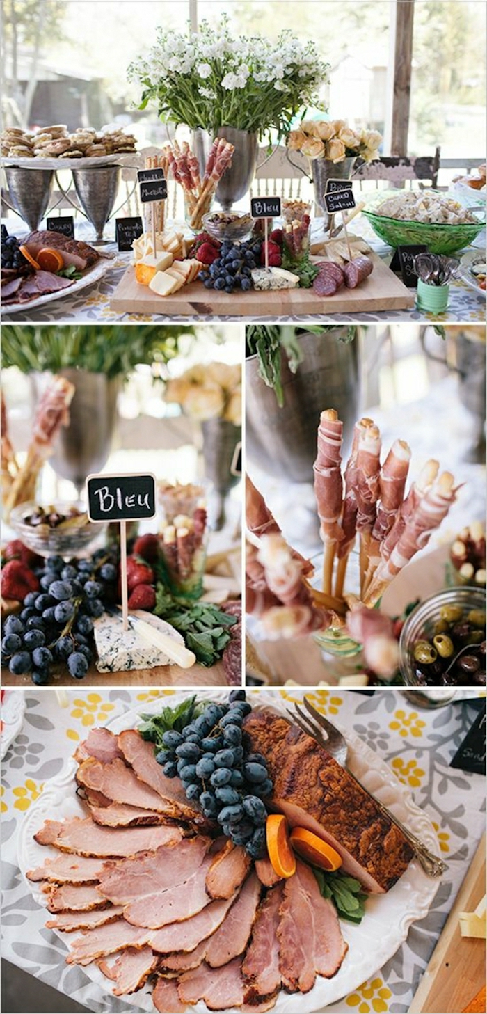 photo collage, brunch table, brunch food ideas, sliced ham with grapes, cheese board, white flowers