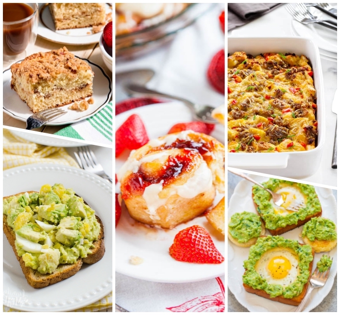 what is brunch, photo collage, baked casserole, avocado toast, cake and cinnamon buns