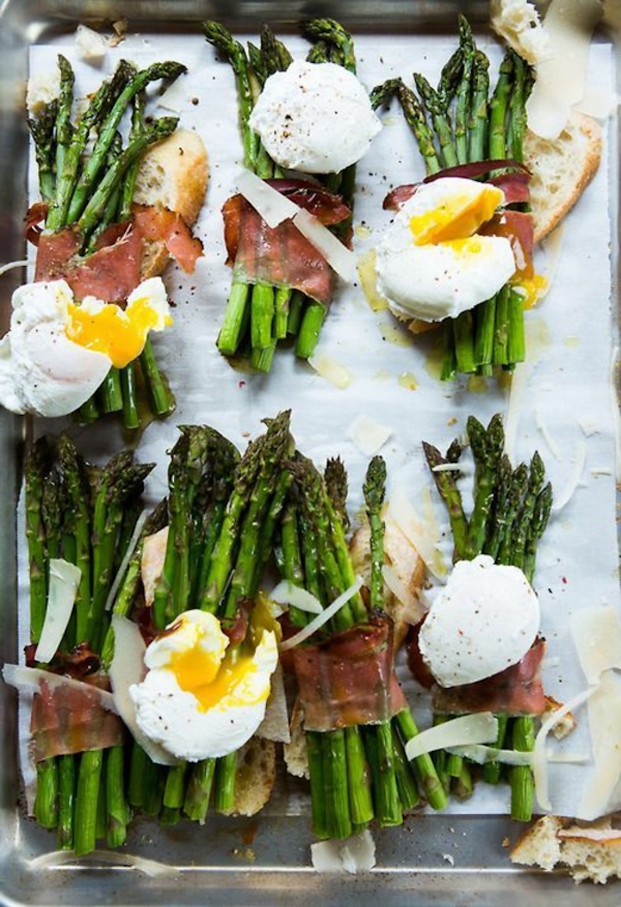 baked asparagus, with bacon and eggs, what is brunch, on a silver tray