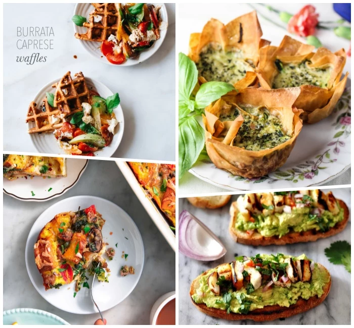 brunch recipes, burrata caprese waffles, egg muffins, avocado toasts, photo collage