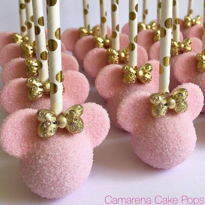 cake pops, covered in pink sugar, gold bows, white and gold, paper straws, minnie mouse cake