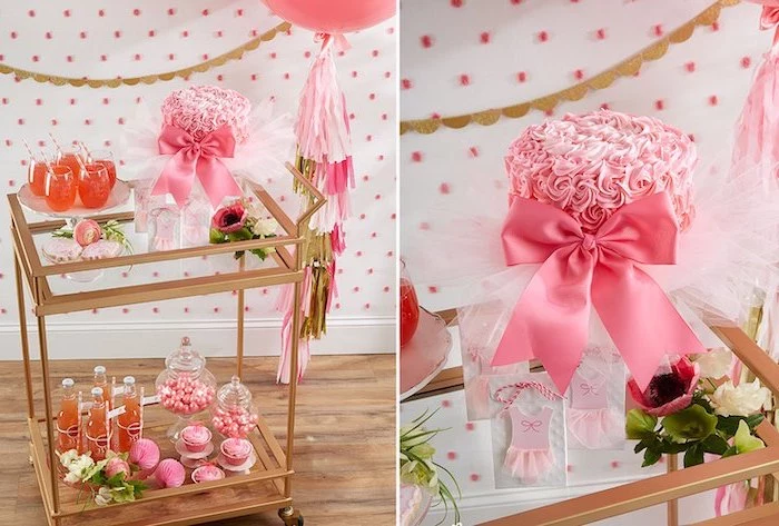 side by side photos, dessert table, baby shower ideas for girls, cake with pink frosting, pink satin bow