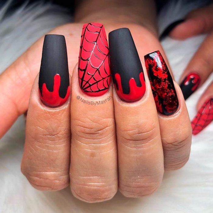 black and red, matte nail polish, halloween nail ideas, spider web decorations, dripping red nail polish
