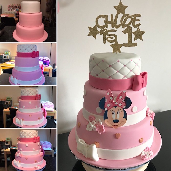 chloe is 1, three tier cake, minnie mouse birthday cake, photo collage, step by step tutorial
