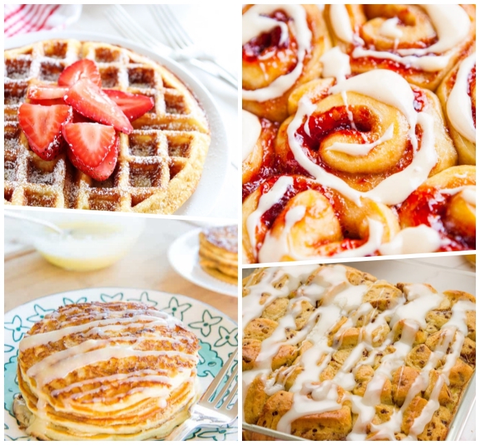 brunch menu ideas, waffle with strawberries, cinnamon buns, pancakes and cake, photo collage