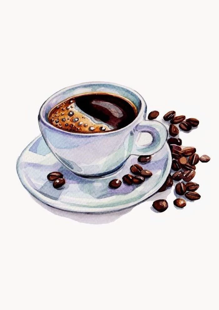 tracer drawing, coffee cup, coffee beans, white background