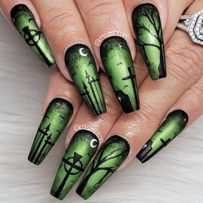 green nail polish, black cemetery decorations, halloween nail ideas, long coffin nails, white background