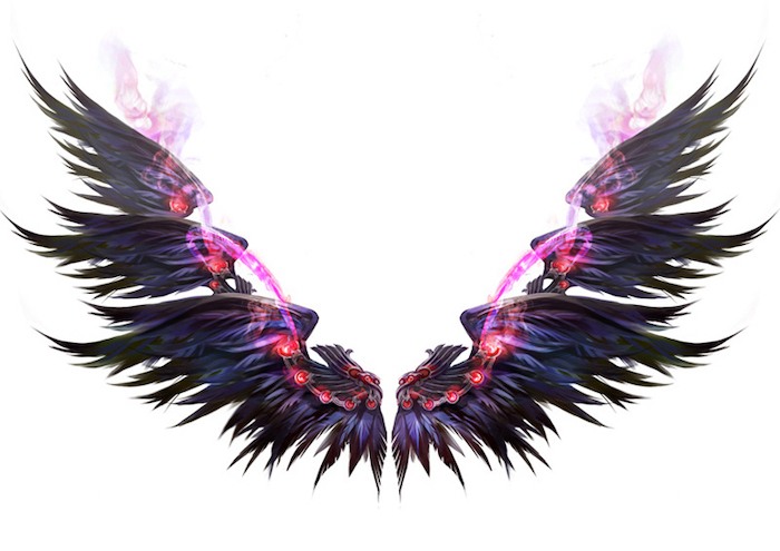 white background, watercolor drawing, fallen angel tattoo, black wings, pink smoke