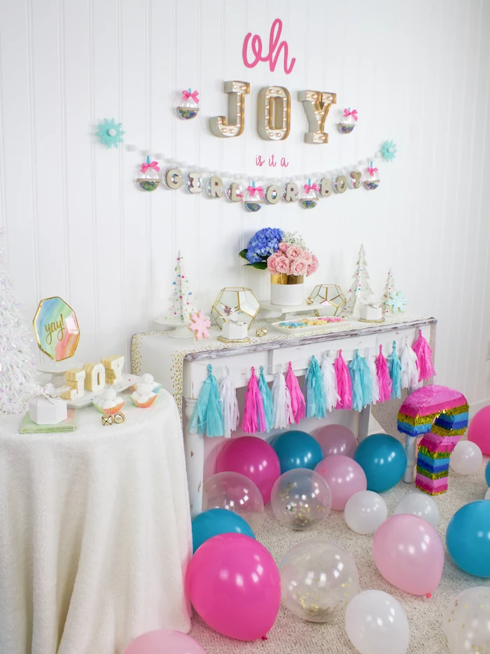 oh joy, is it a girl or boy, pink and blue balloons, gender reveal party ideas, question mark pinata