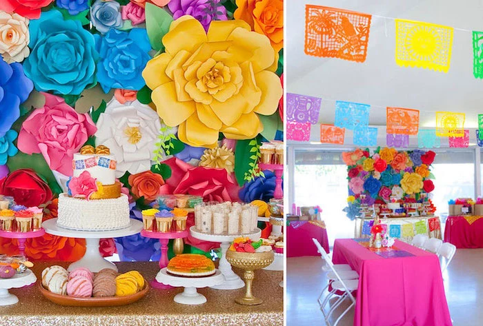 side by side photos, colorful decor, large paper flowers, baby shower food ideas, dessert table
