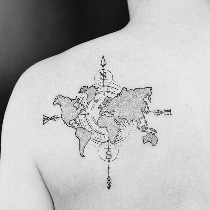 map of the world, small compass tattoo, north and south, east and west, shoulder tattoo