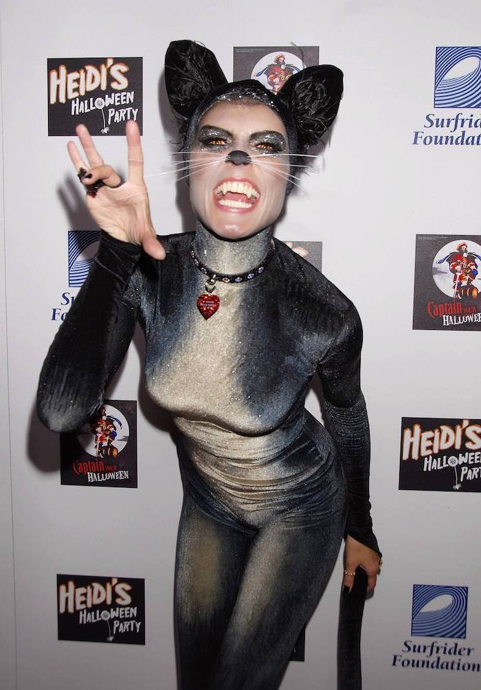 heidi klum, dressed as a cat, velvet cat suit, cat ears and whiskers, dark make up, halloween costume ideas
