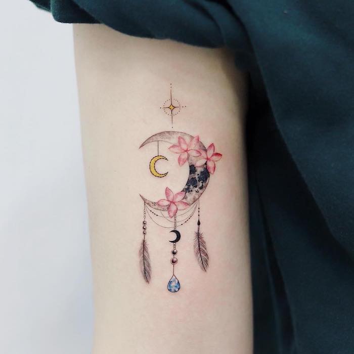 Tattoo uploaded by Inkscool Tattoo Training Institute And Studio Pune India    Delicate floral dream catcher tattoo in the shape of a crescent moon  designed and tattooed by Tattoo Artist Syed