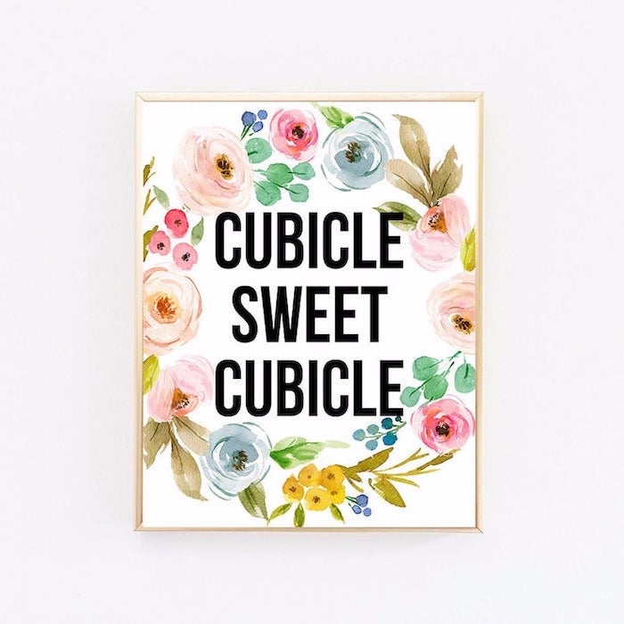 cubicle sweet cubicle, floral art, golden frame, white background, office decor ideas