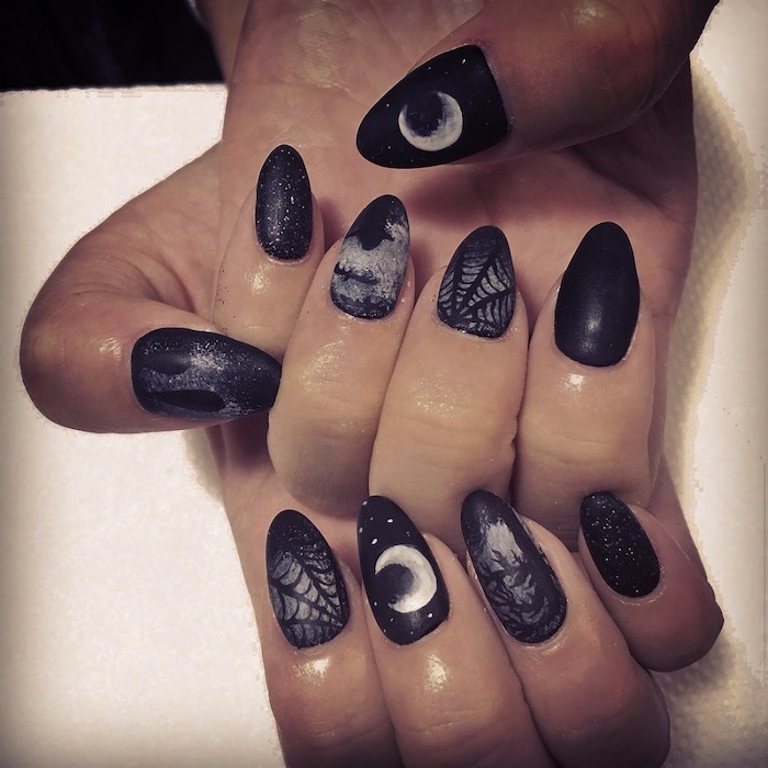 black matte nail polish, red nails coffin, almond nails, spider web, spooky trees decorations