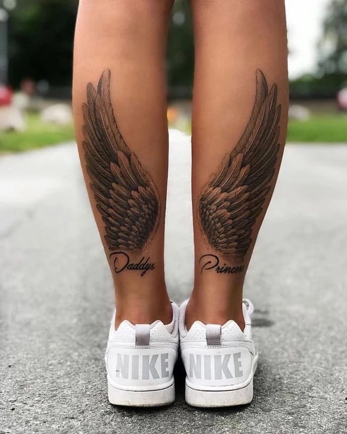daddy's princess, white nike sneakers, back of leg tattoos, small angel wings tattoo