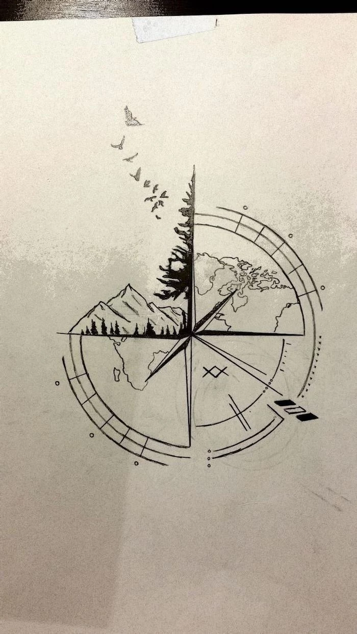 black and white drawing, mountain landscape, map of the world, small compass tattoo, birds flying
