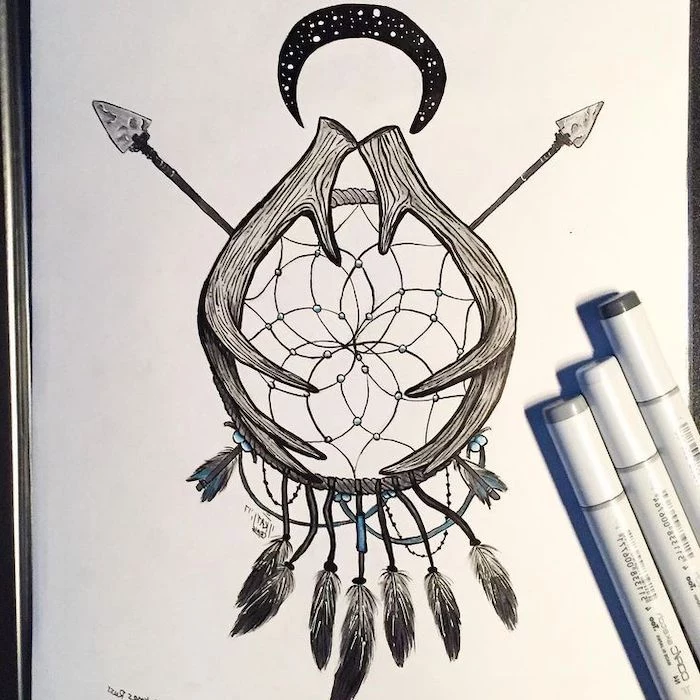 dreamcatcher drawing, with deer horns, crescent moon, two arrows, on white paper, dreamcatcher meaning