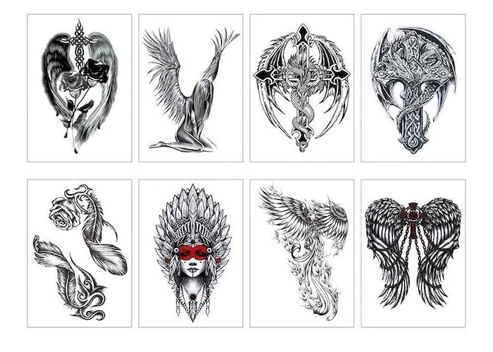 different styles, angel and demon tattoo, black and white sketches, white background