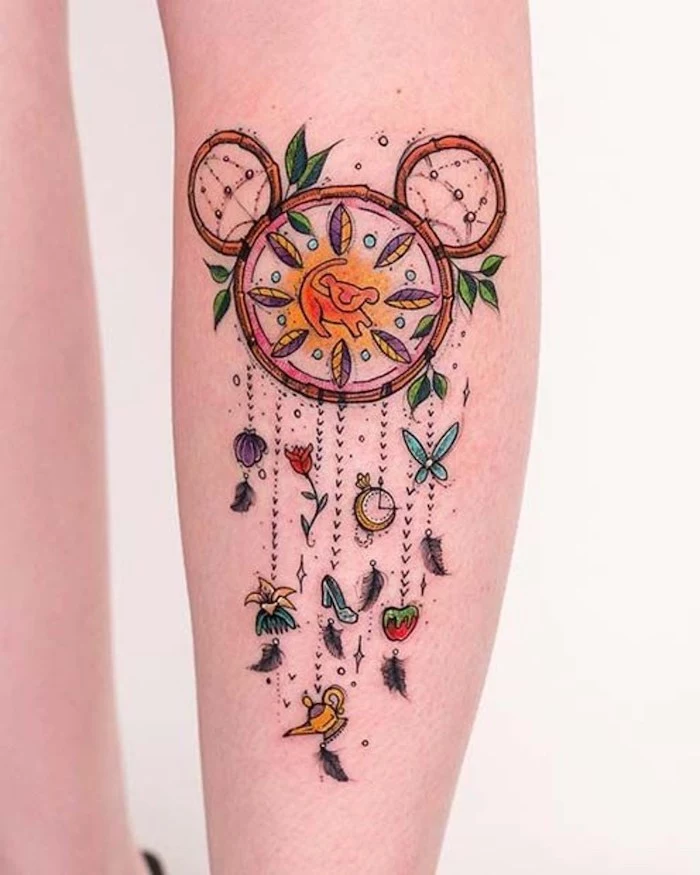 disney inspired, mickey mouse, lion king, small dreamcatcher tattoo, forearm tattoo, white background