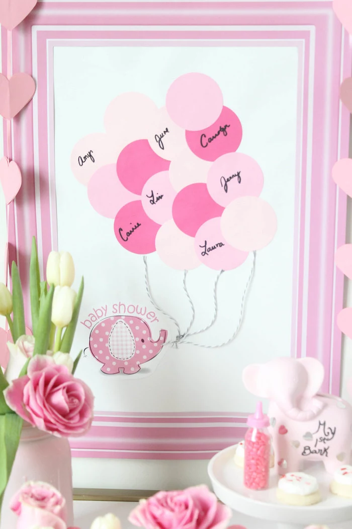 name guessing, fun game, girl baby shower, pink paper balloons, inside a pink frame, tulips bouquet