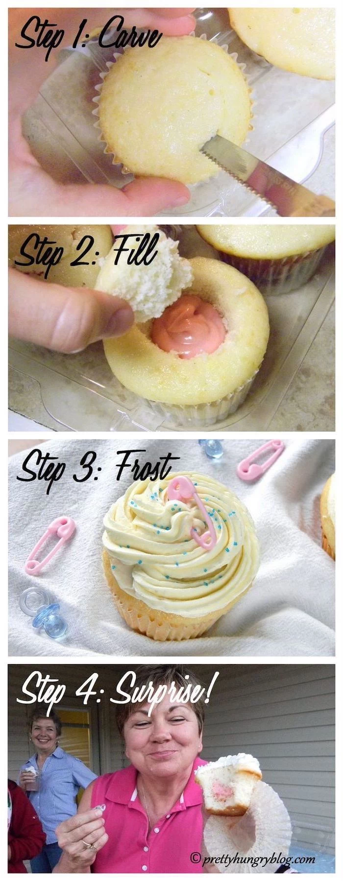 step by step, diy tutorial, gender reveal party ideas, small cupcake, yellow frosting, pink on the inside