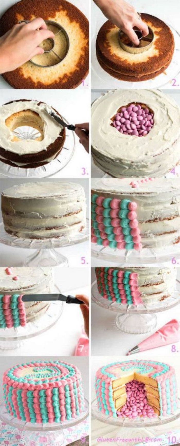 step by step, diy tutorial, gender reveal balloons, small cake, pink and white frosting, pink candy inside