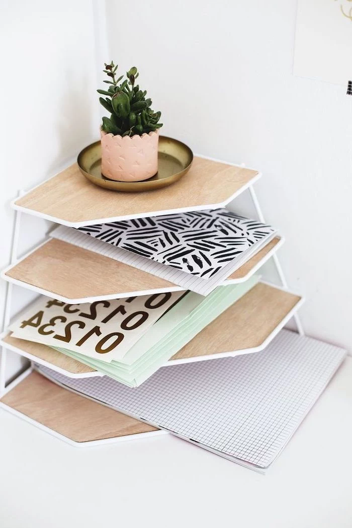 wooden desk organiser, step by step, diy tutorial, white desk, potted succulents, lots of notebooks