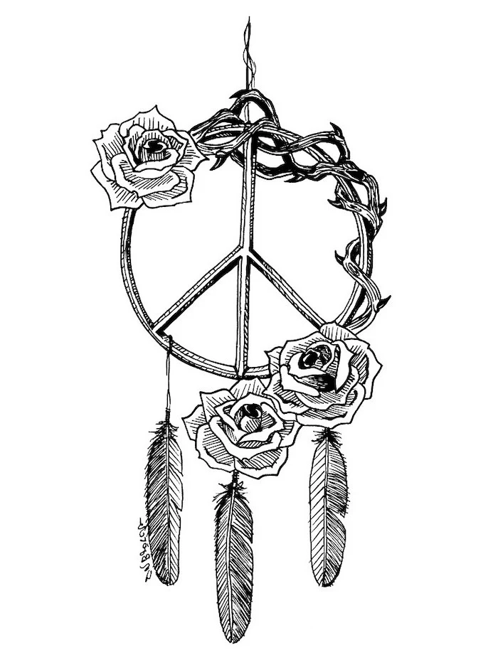 black and white drawing, small dreamcatcher tattoo, three roses, peace sign, white background, black and white dreamcatcher tattoo