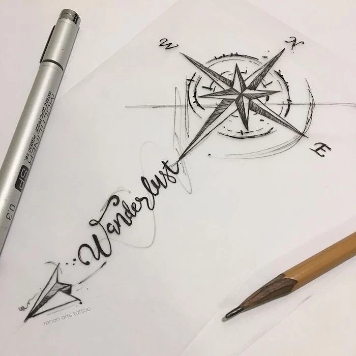 anchor and compass tattoo, wanderlust cursive text, black and white drawing, west and east, north and south
