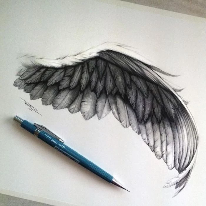 angel wing, black and white, pencil sketch, angel and demon tattoo, white background