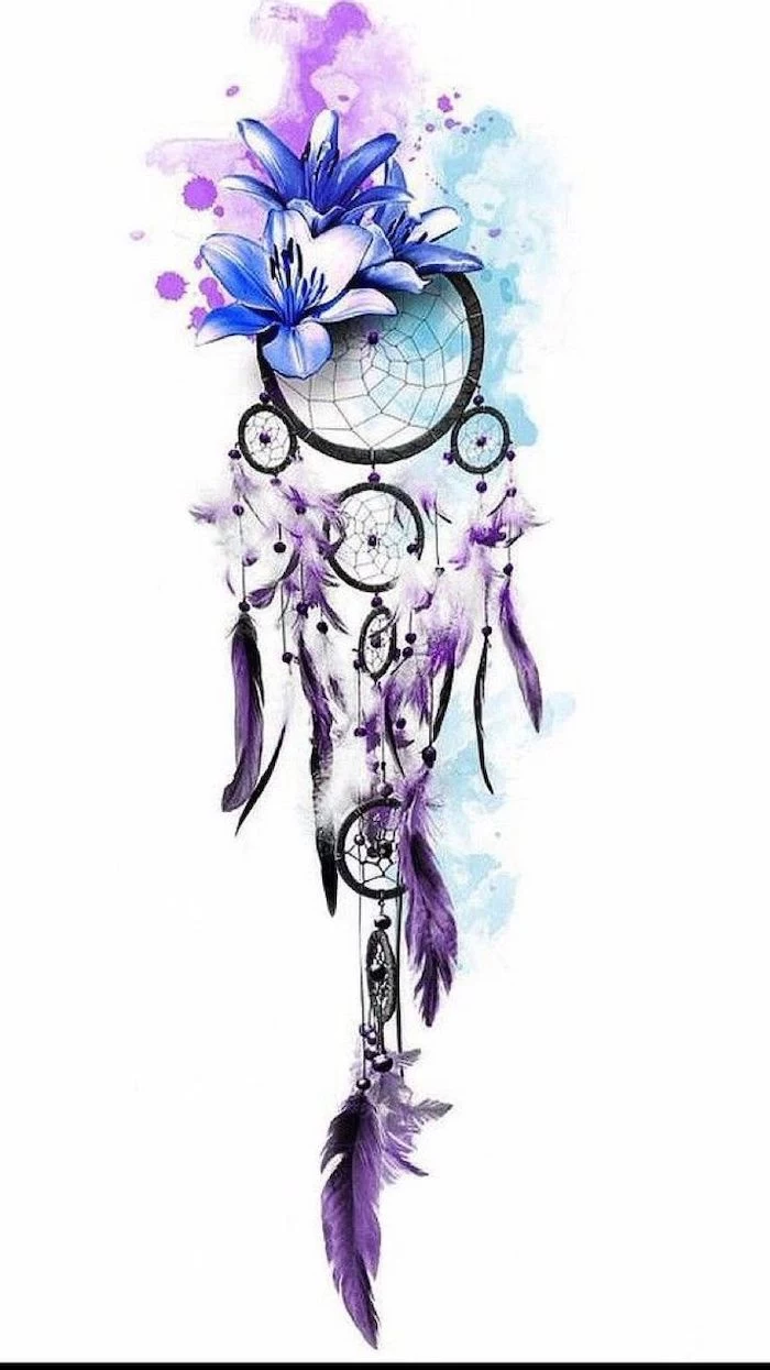 watercolor drawing, dream catcher tattoo on thigh, purple pink and blue colors, white background