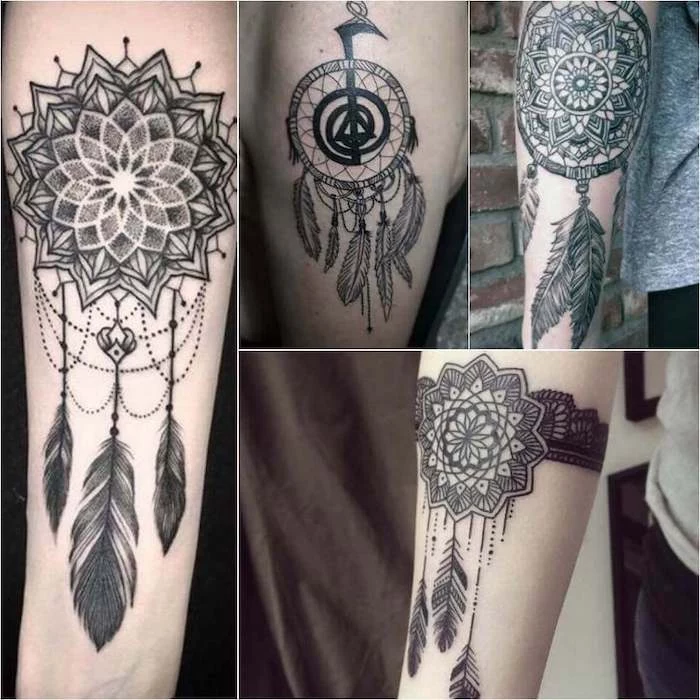 photo collage, different tattoos, wolf dreamcatcher tattoo, forearm tattoos