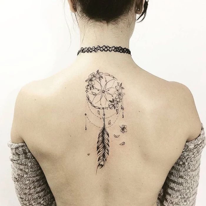 back tattoo, floral dreamcatcher, woman wearing a grey cardigan, black choker, wolf dreamcatcher tattoo