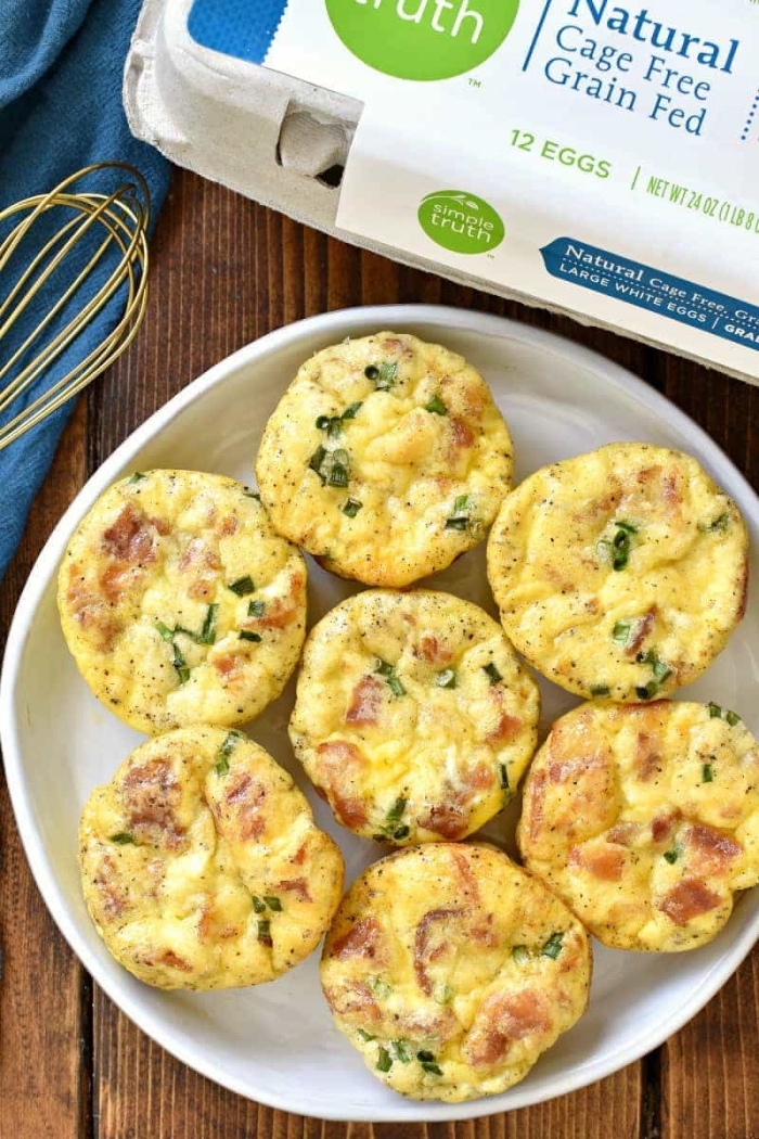 egg carton, great breakfast ideas, egg muffins, with bacon, wooden table, white plate