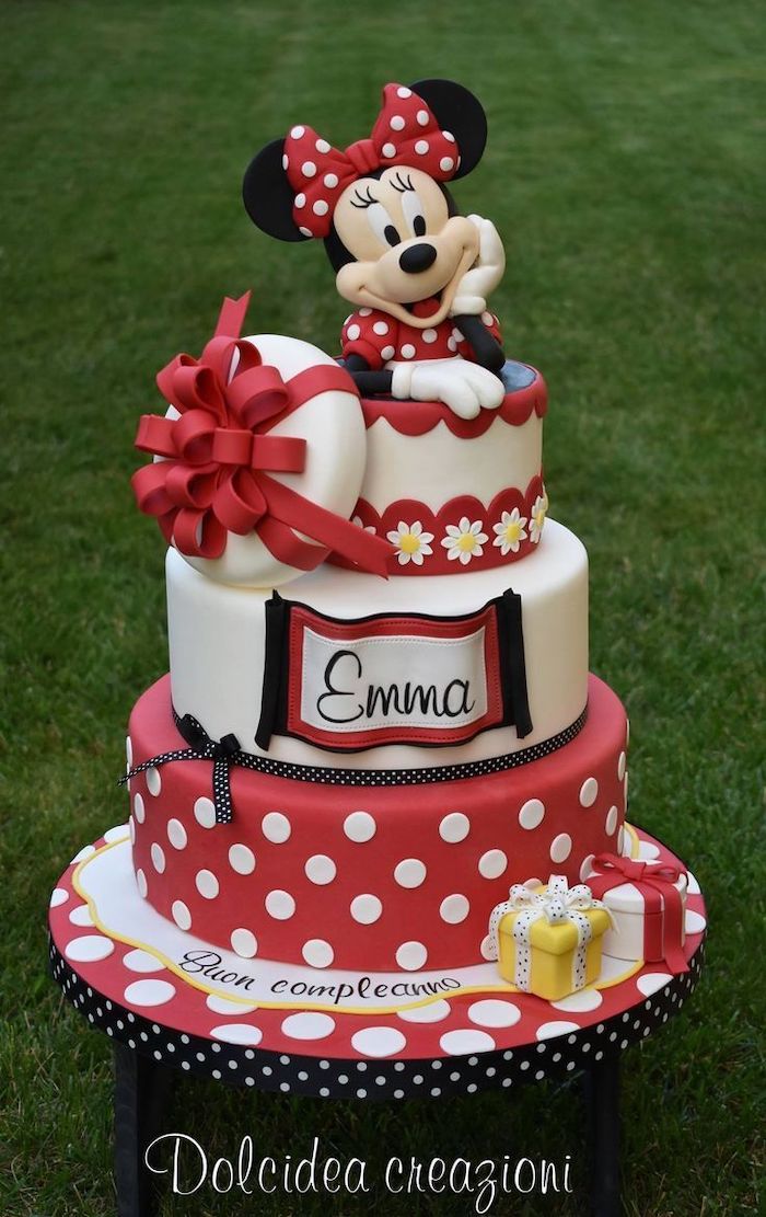 minnie mouse cake, three tier cake, red and white fondant, minnie mouse cake topper