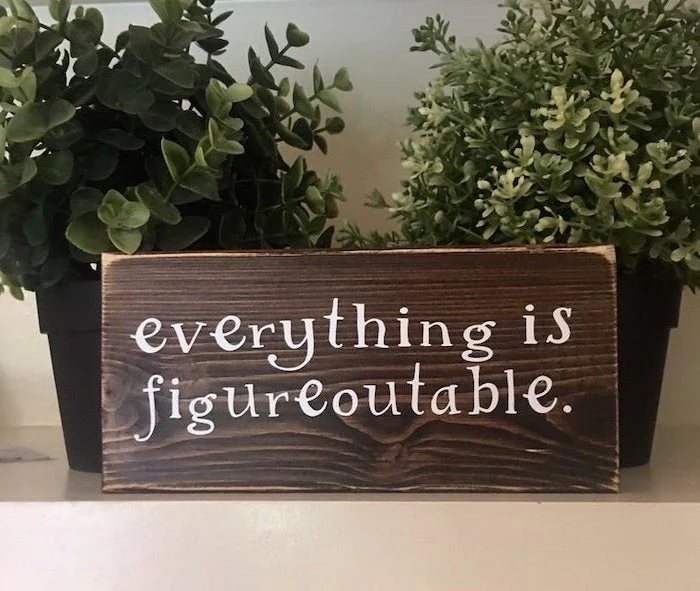 everything is figureoutable, wooden sign, office desk decor, potted plants