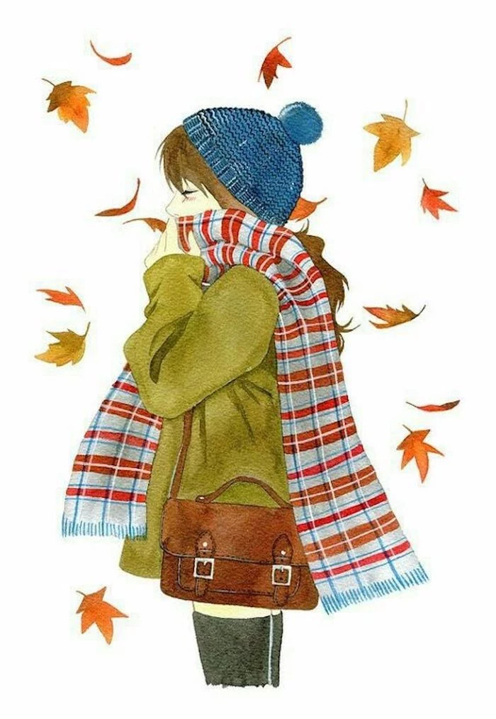 fall leaves, drawing outlines, girl with blue beanie, green coat, colorful scarf, white background
