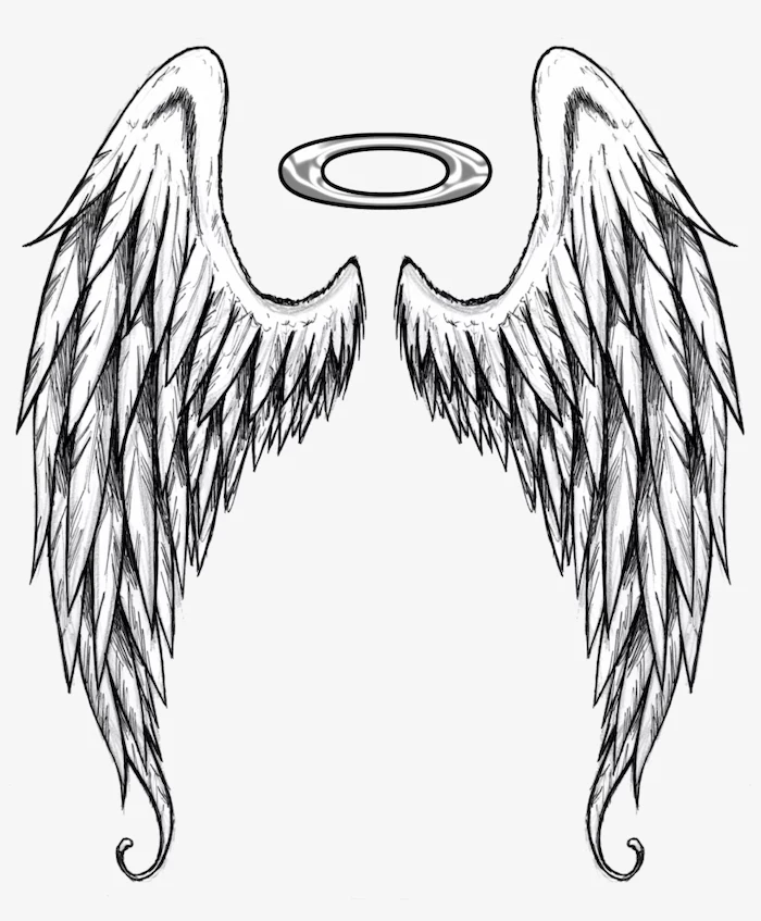 black and white, pencil sketch, angel wings and a halo, angel and demon tattoo, white background
