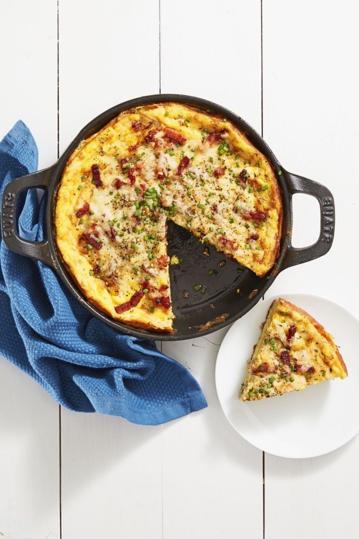 baked casserole, eggs and bacon, best brunch recipes, blue cloth, white wooden table