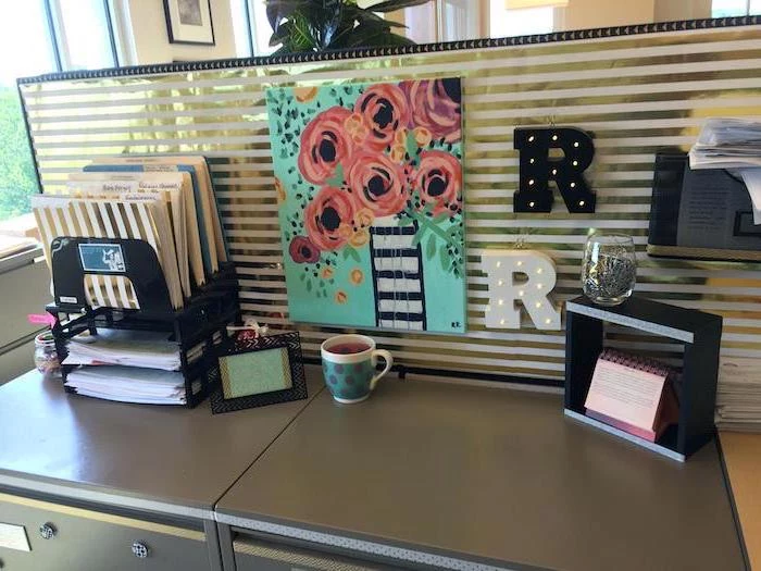 black desk, floral art, black metal desk organiser, mens office decor, coffee mug, white gold, striped wallpaper
