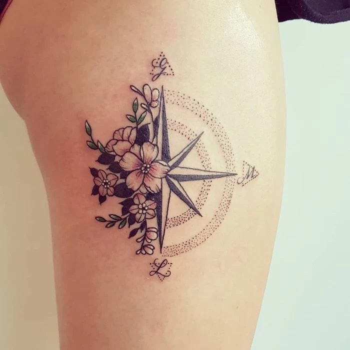 thigh tattoo, anchor and compass tattoo, half flowers, half compass, white background